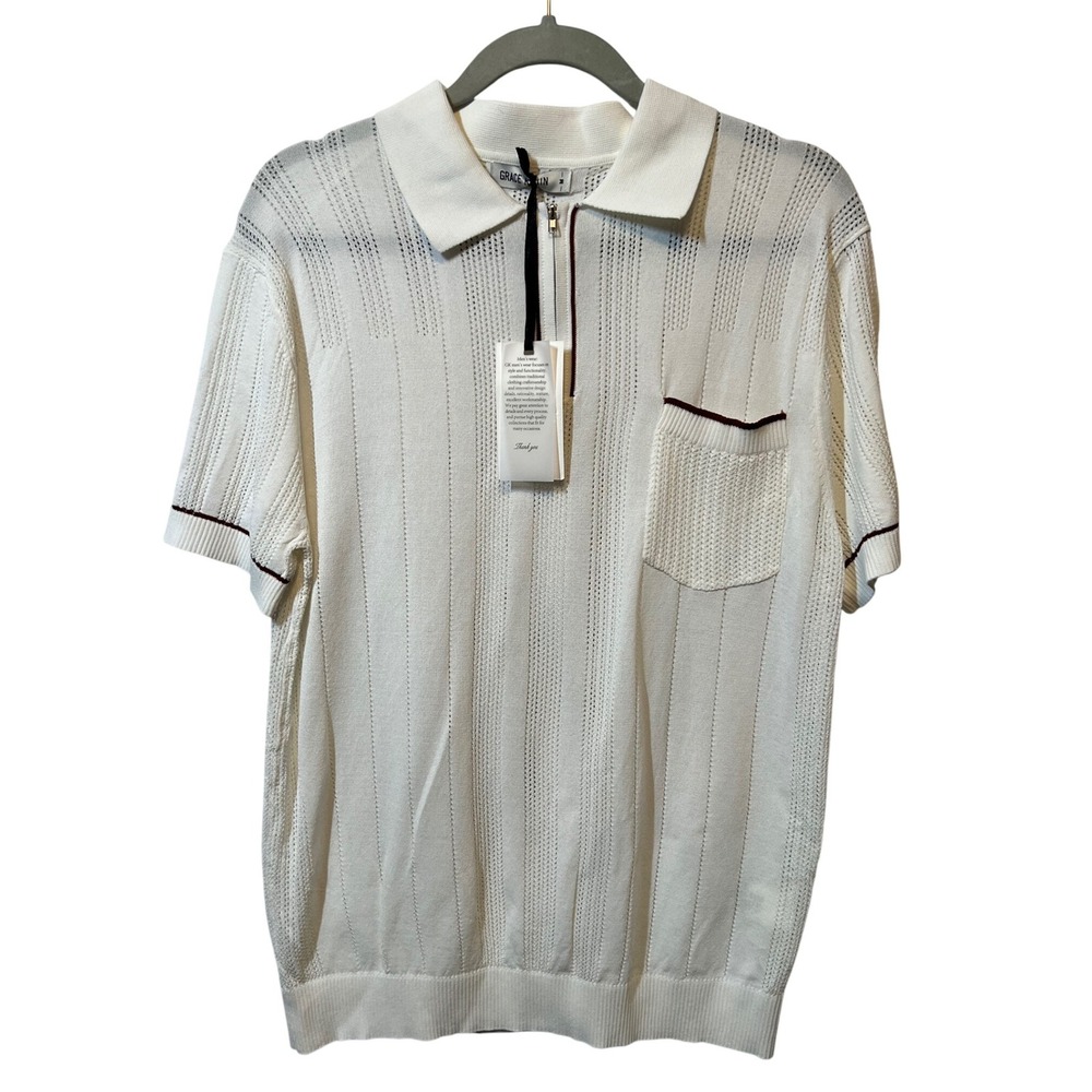 Grace Karin Mens Polo Shirt Knit‎ Short Sleeve Zip Up Vertical Stripe Size M